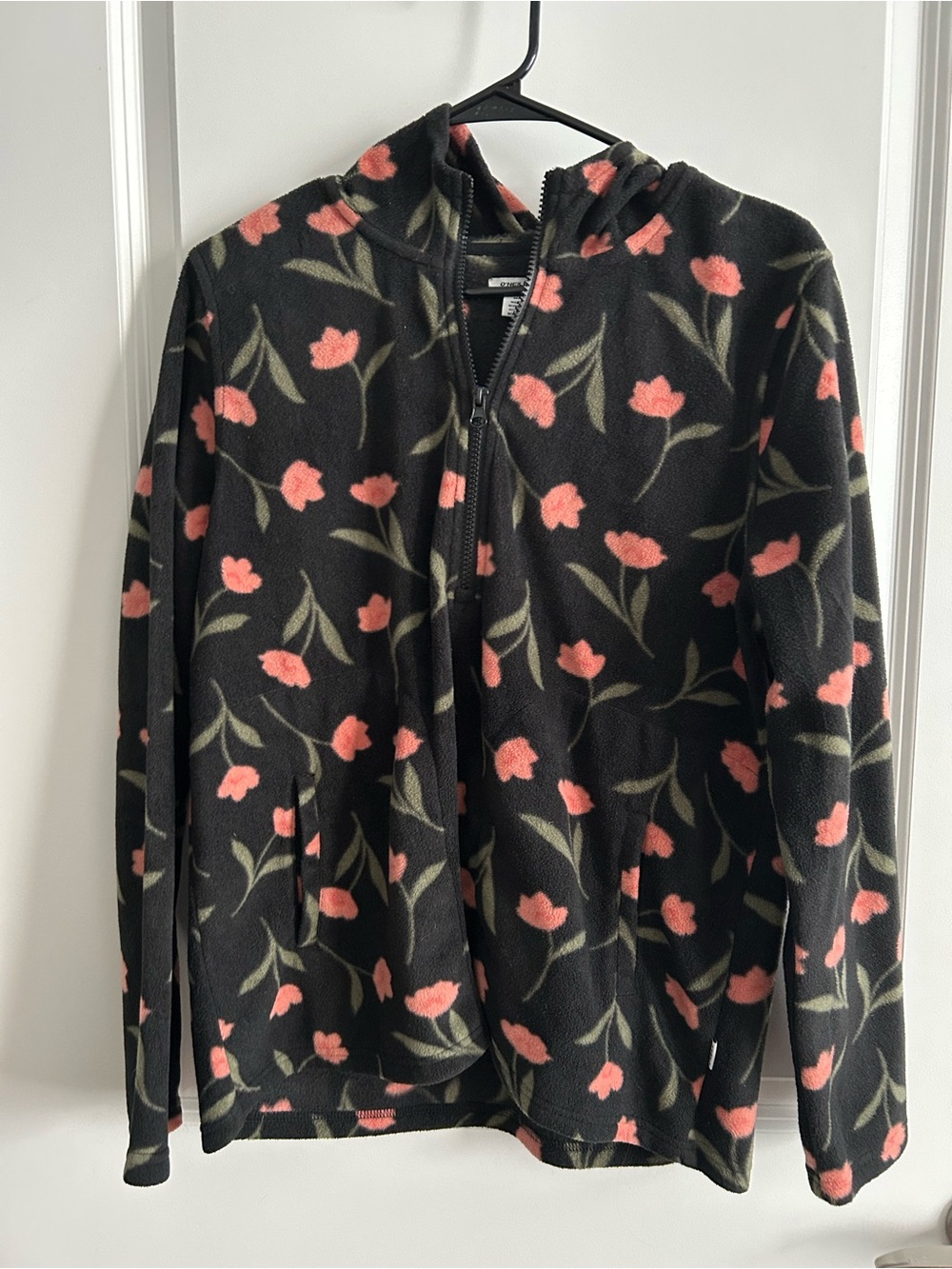 Women's Black Floral Fleece Zip Hoodie